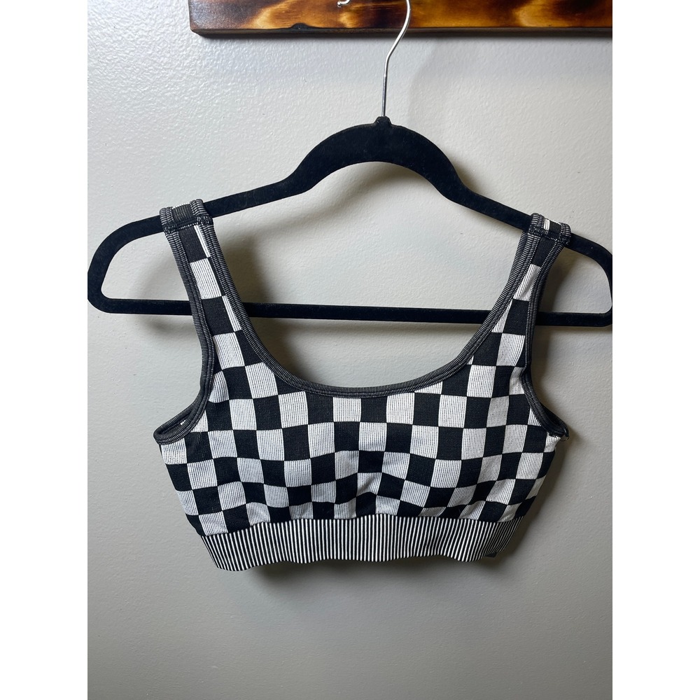 Kimberly C  Womens Black White Checkered Sports Bra Seamless Crop Top Medium NEW